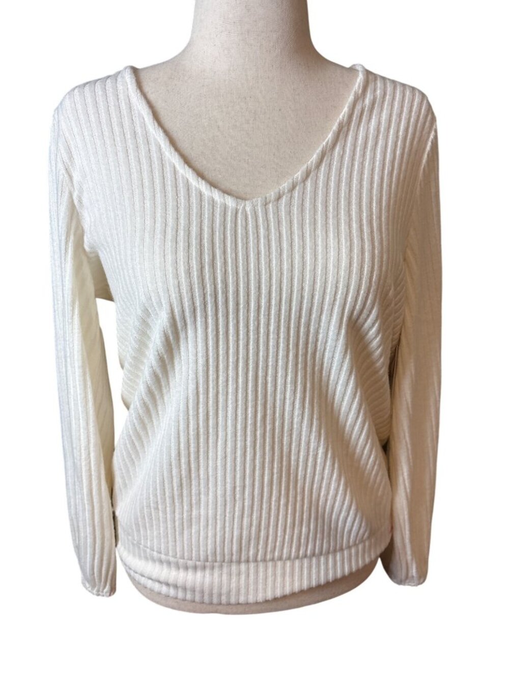 Liverpool Los Angeles Womens Cream Ribbed V-Neck Twist-Back Pullover Sweater L
